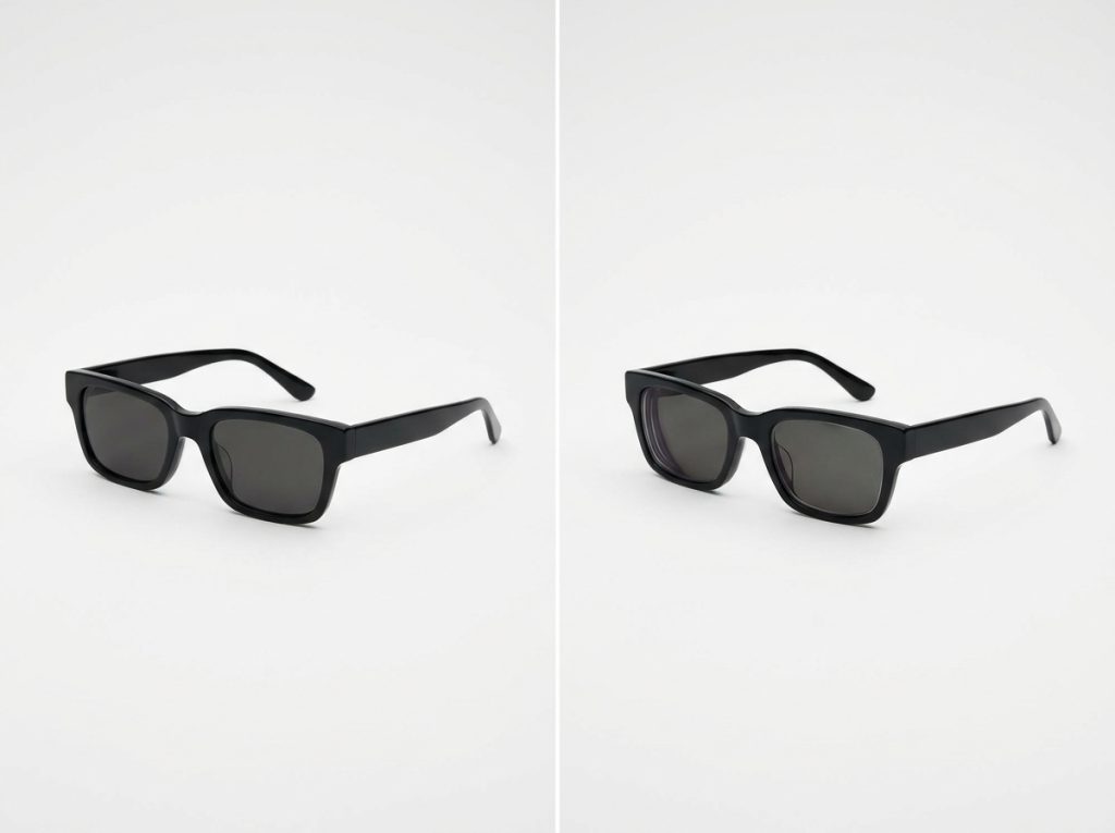 Comparativa de gafas de sol sin graduar y graduadas, antes y después del proceso
